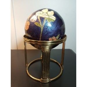Vintage Enamel Cloisonne Ball Globe Brass Stand Blue Floral Flowers